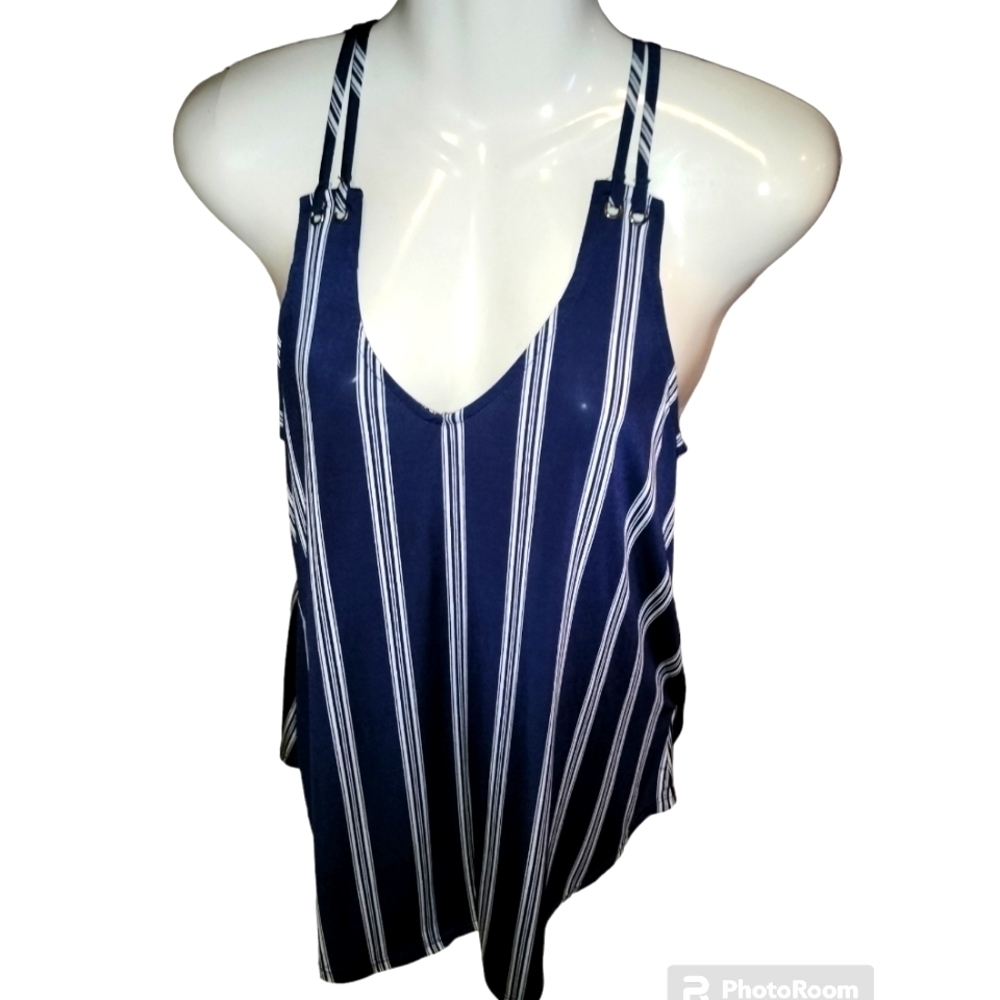 tutta bella maternity racerback tank top navy blue cream stripes small
